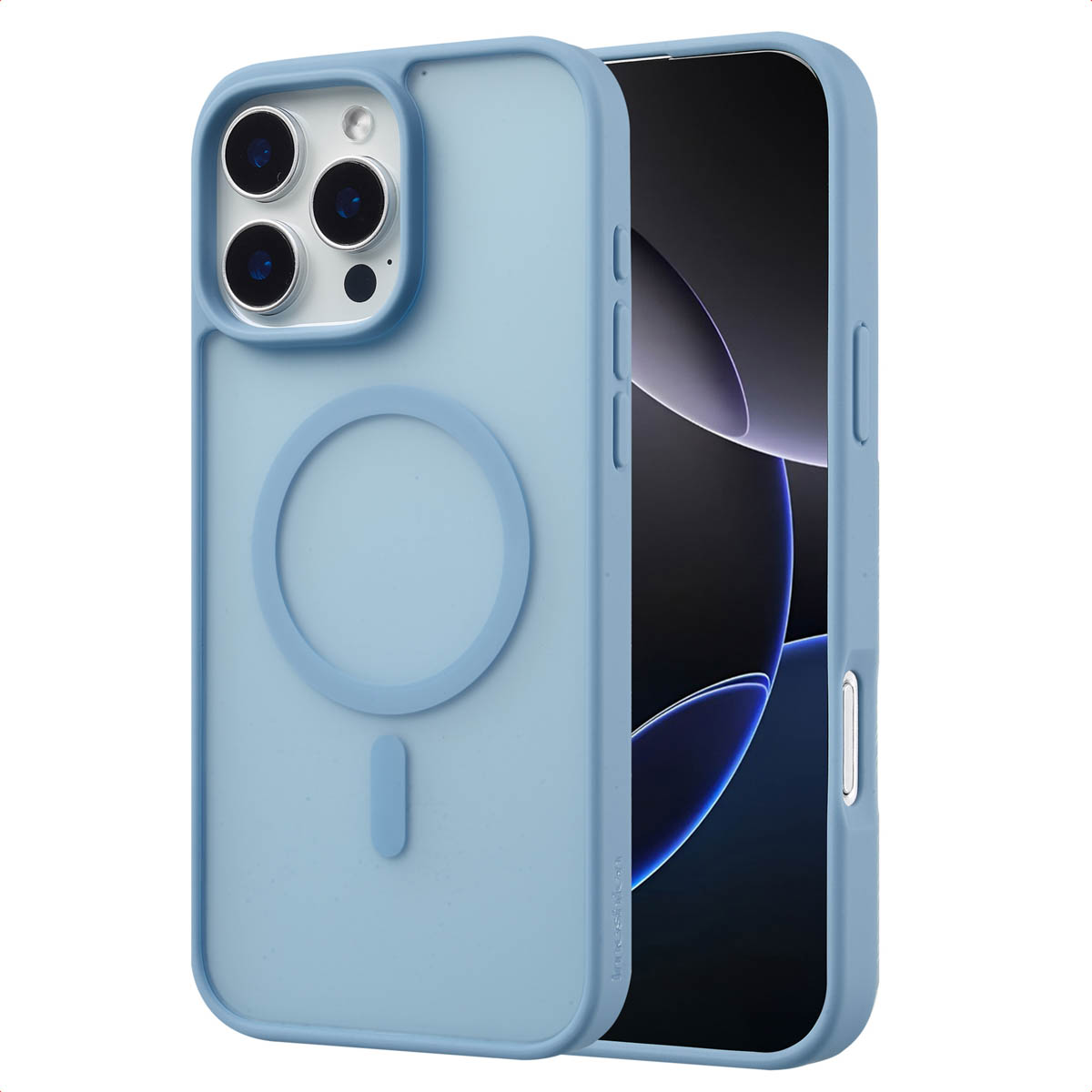 Une coque de téléphone bleu clair avec une caméra et un cercle MagSafe. Elle est sur un téléphone.