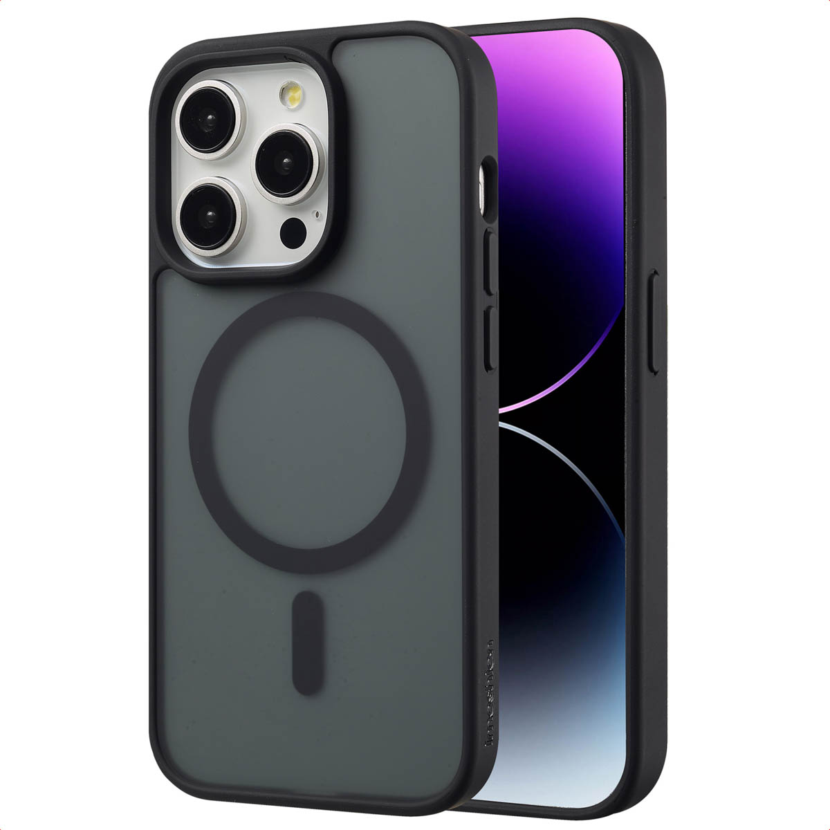 Coque noire avec anneau MagSafe, iPhone avec écran violet.