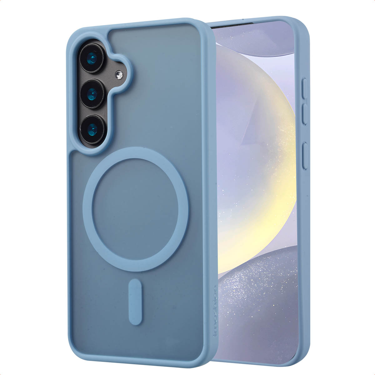 Coque de téléphone bleue avec un design magsafe circulaire sur fond blanc.