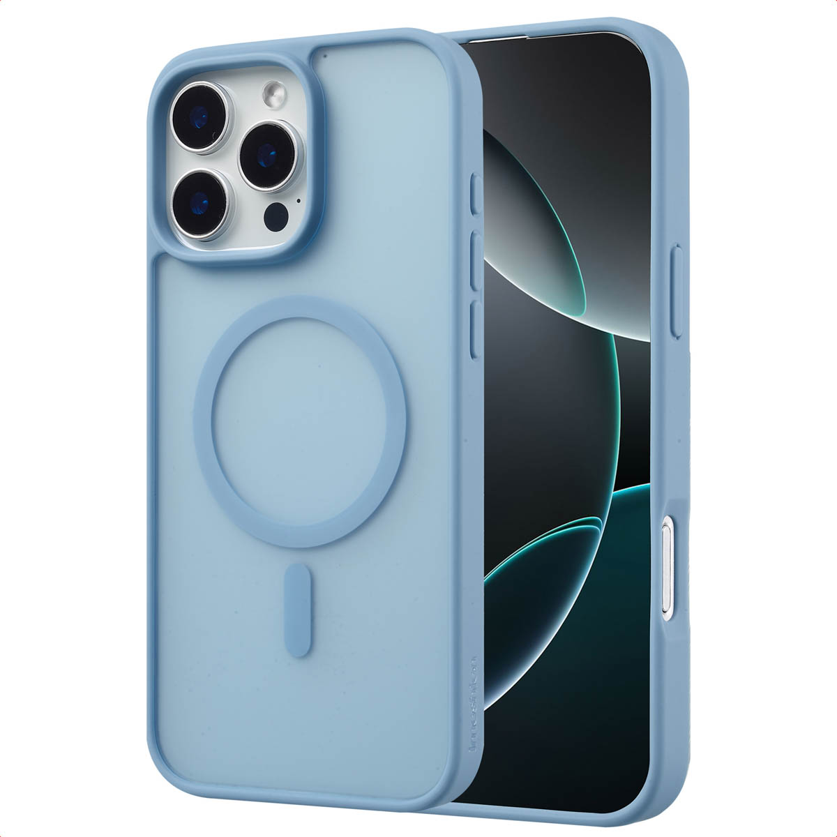 Blauwe telefoonhoes met MagSafe-ring en een telefoon erin. De hoes staat op een witte achtergrond.