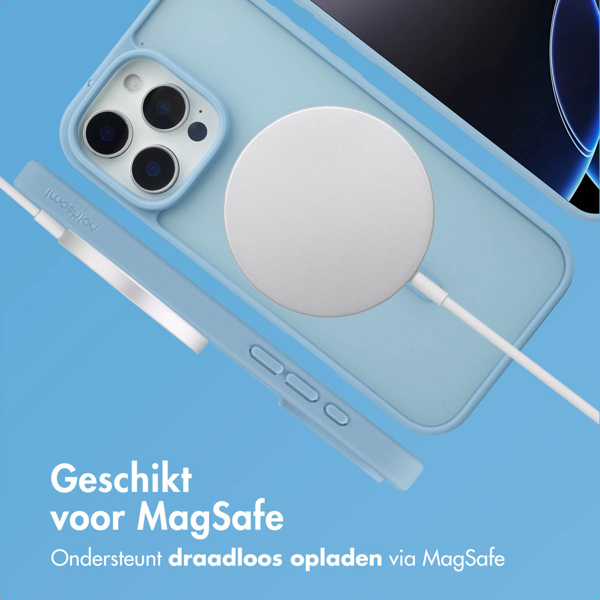 Coque de téléphone bleue avec chargeur blanc. Le texte dit : Compatible MagSafe. Prend en charge la charge sans fil via MagSafe.
