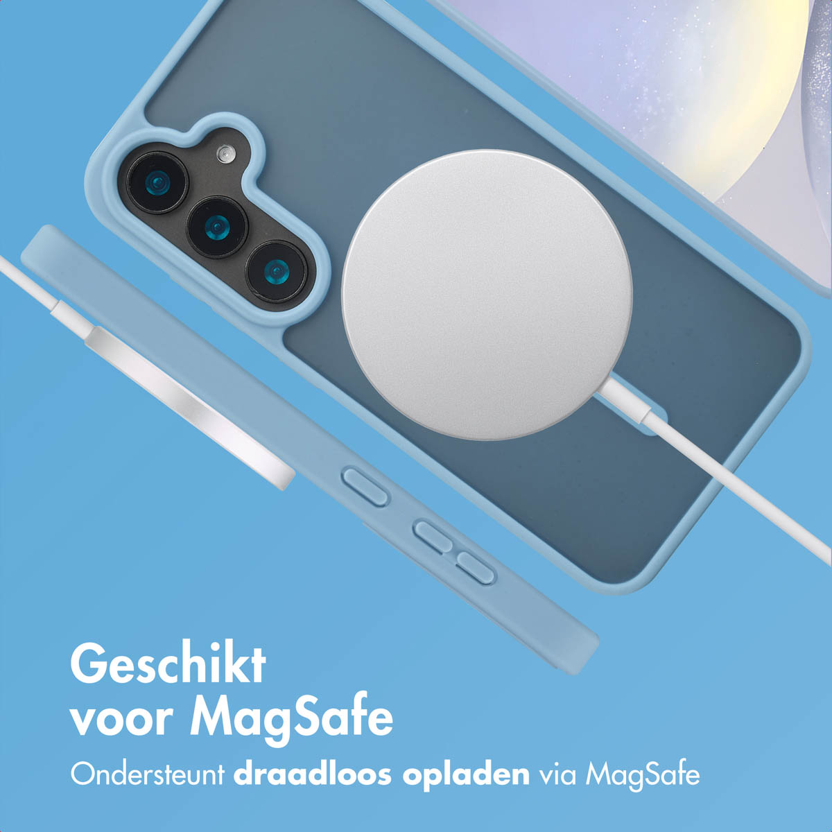 Coque de téléphone bleue avec chargeur blanc. Le texte dit : Compatible MagSafe. Prend en charge la charge sans fil via MagSafe.
