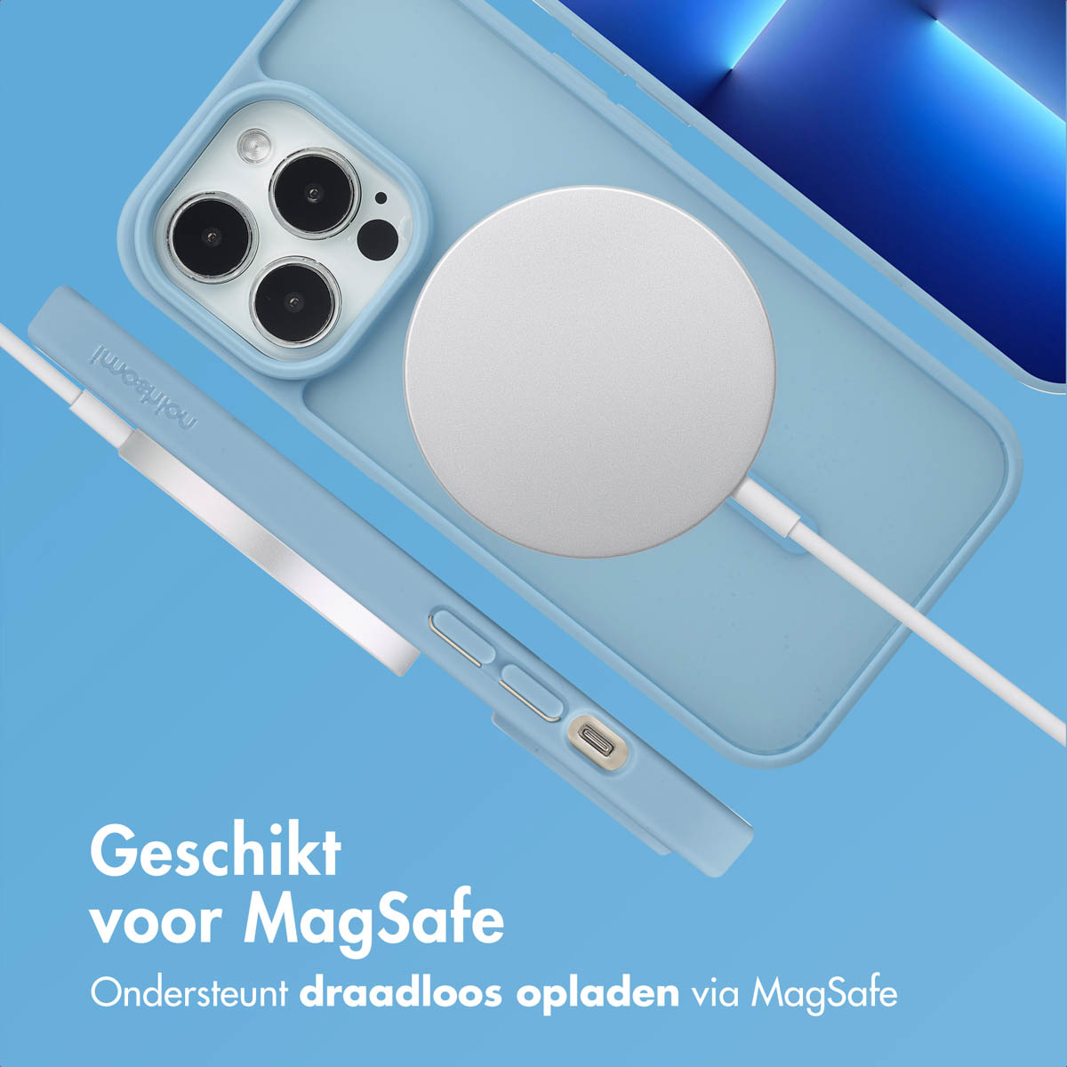 Coque de téléphone bleue avec chargeur blanc. Le texte dit : Compatible MagSafe. Prend en charge la charge sans fil via MagSafe.