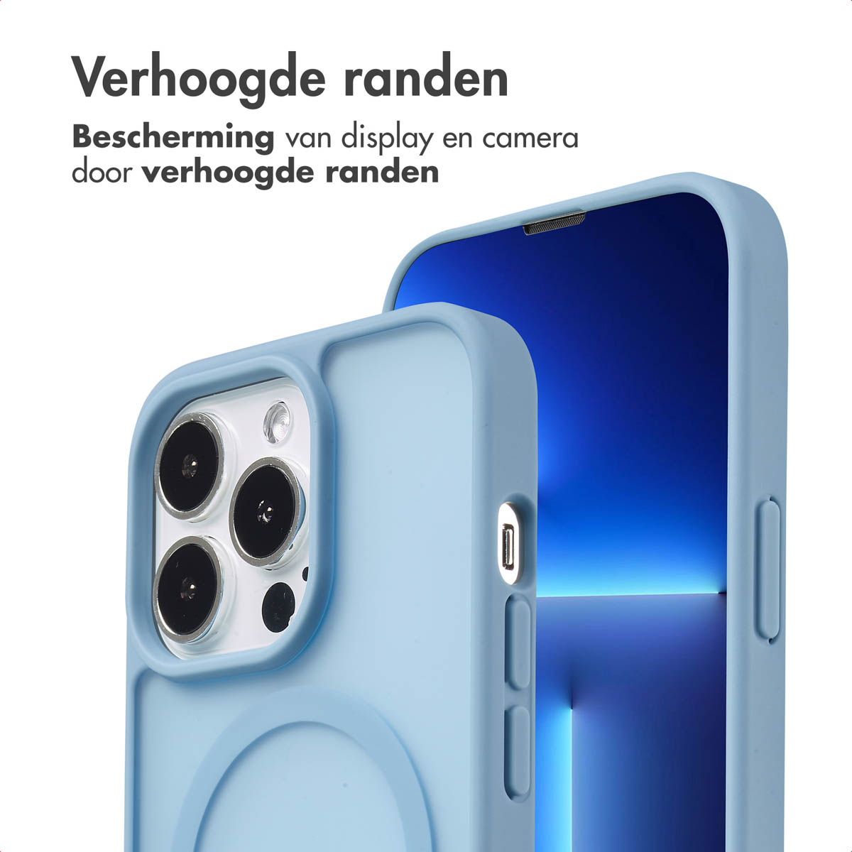 Coque de téléphone bleu clair sur téléphone avec écran bleu.