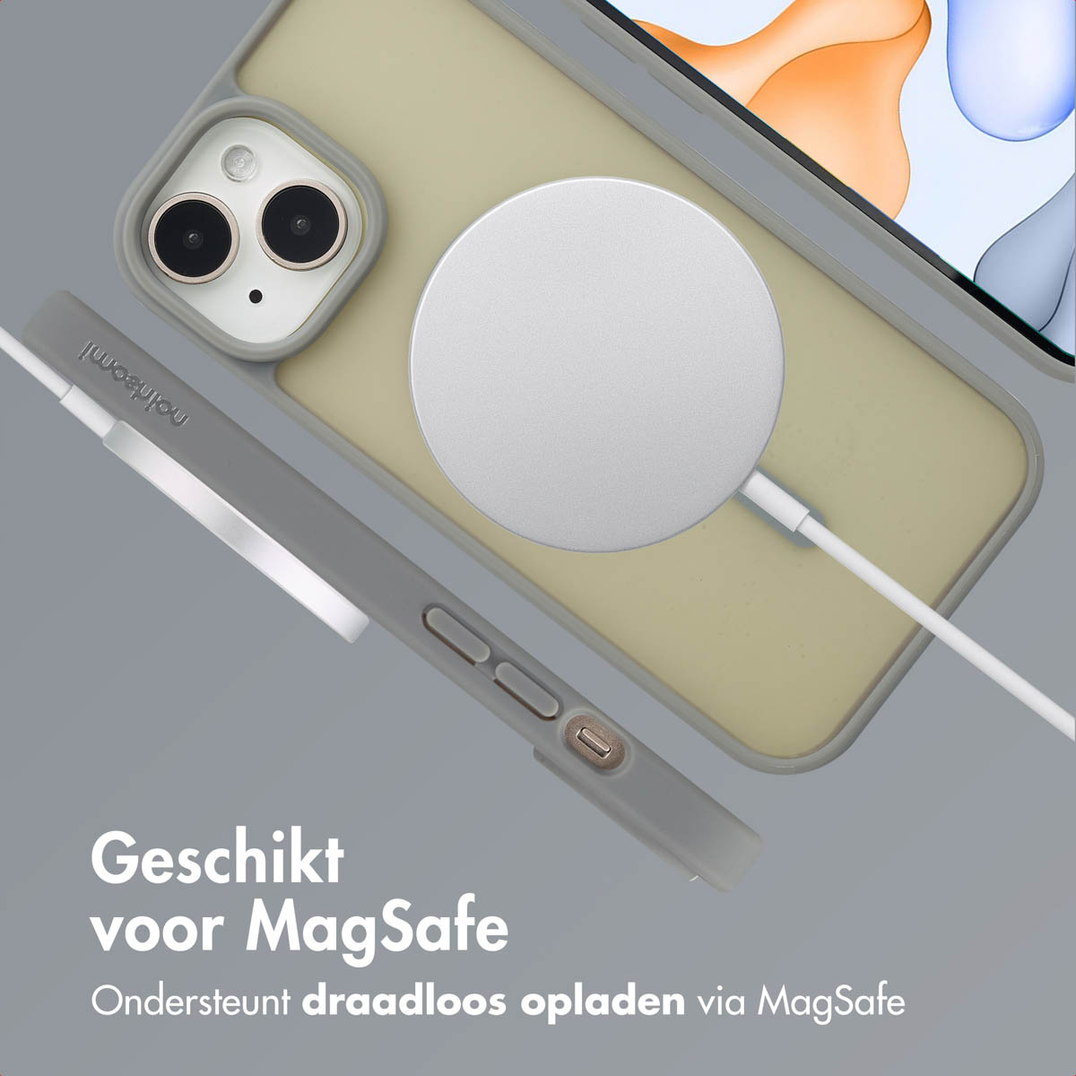 Phone in a grey case with a white charger. Text reads: Suitable for MagSafe. Supports wireless charging via MagSafe.