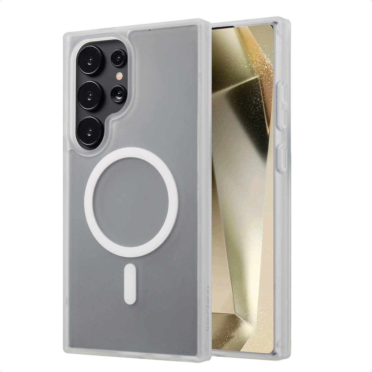 Une coque de téléphone à côté d'un téléphone. Les deux sont gris. La coque a un cercle blanc.
