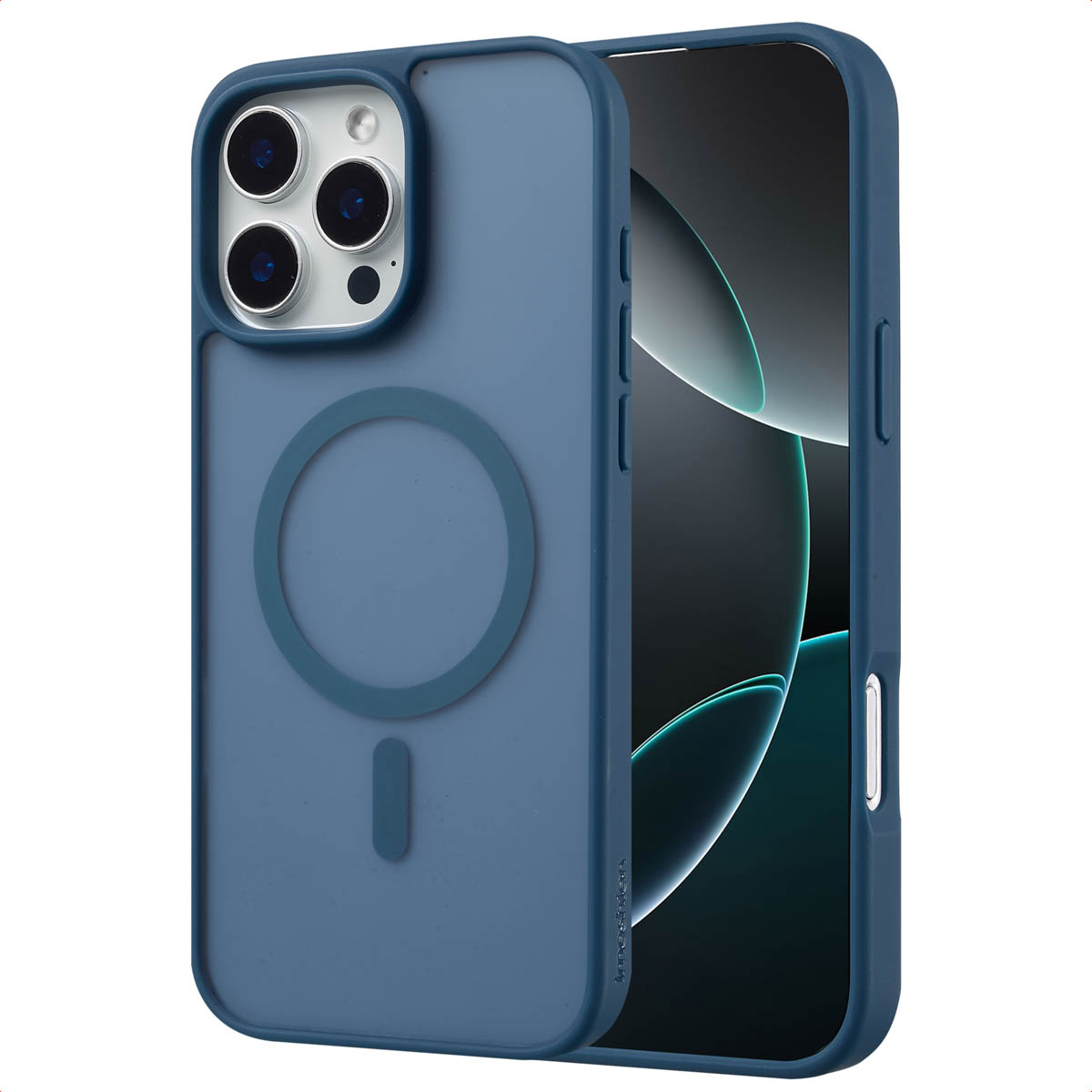 Blauwe telefoonhoes met een telefoon erin. De hoes heeft een MagSafe cirkel en camera-uitsparing.
