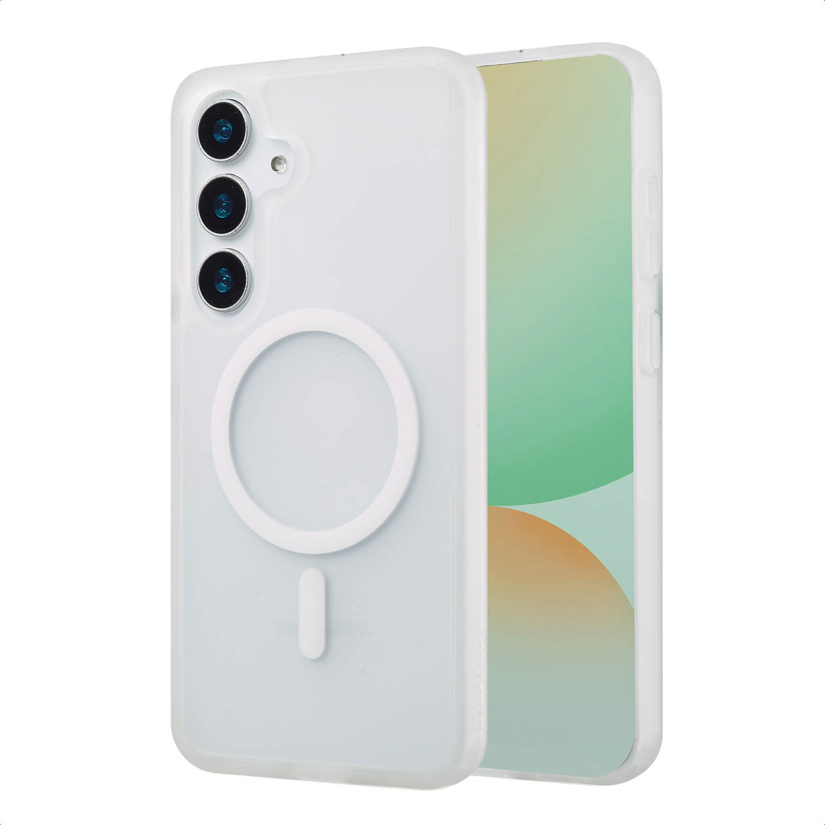 Een witte telefoonhoes met MagSafe-ring en een telefoon erin. De hoes staat op een witte achtergrond.