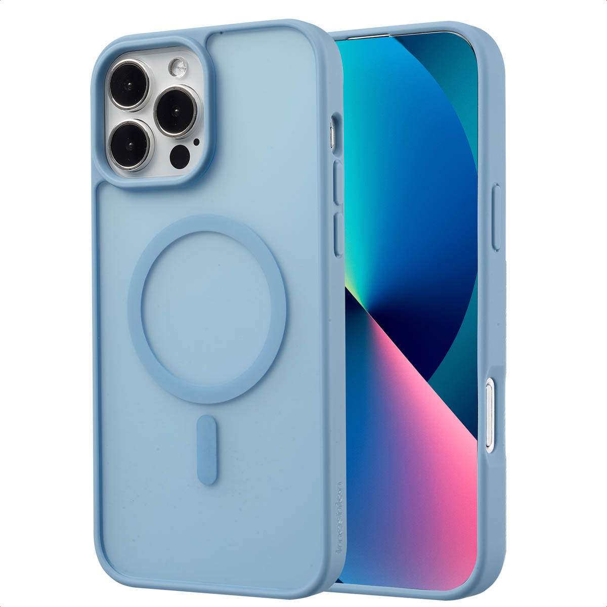 Lichtblauw telefoonhoesje met MagSafe cirkel en camera-uitsparingen. Telefoon binnenin met blauw-roze display.