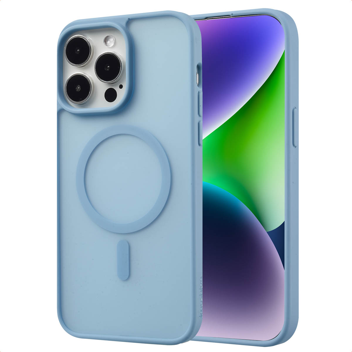 Une coque de téléphone bleu clair avec un téléphone à l'intérieur. Découpe circulaire à l'arrière.