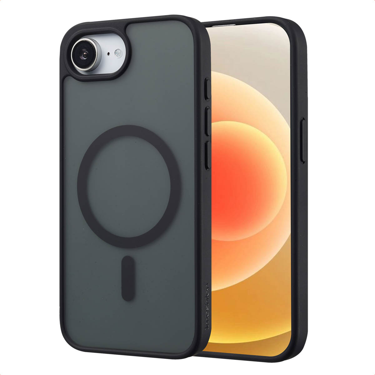 Groen telefoonhoesje met MagSafe cirkel en camera-uitsparingen. Telefoon heeft een oranje display.