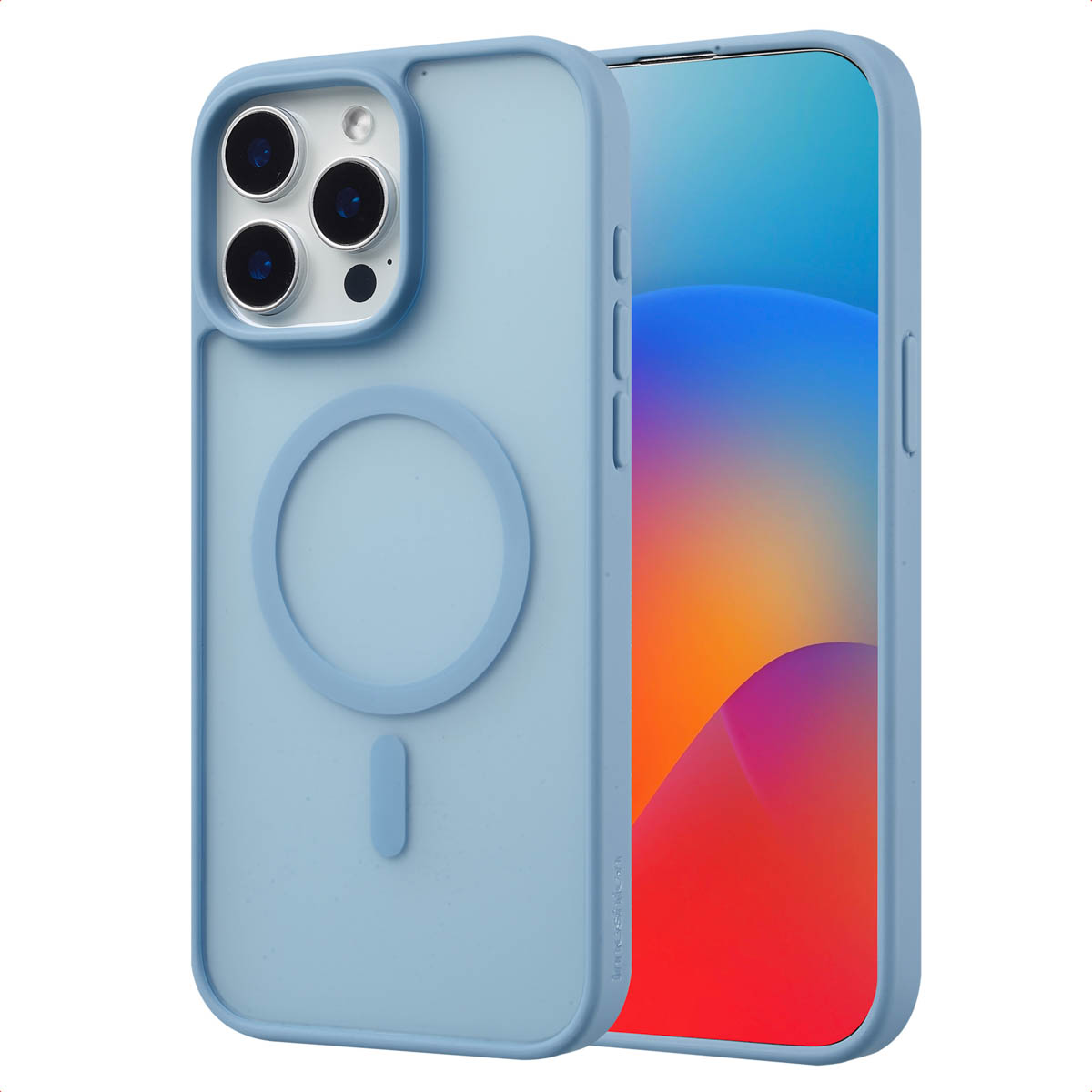 Une coque de téléphone bleue est sur un téléphone avec un écran coloré.