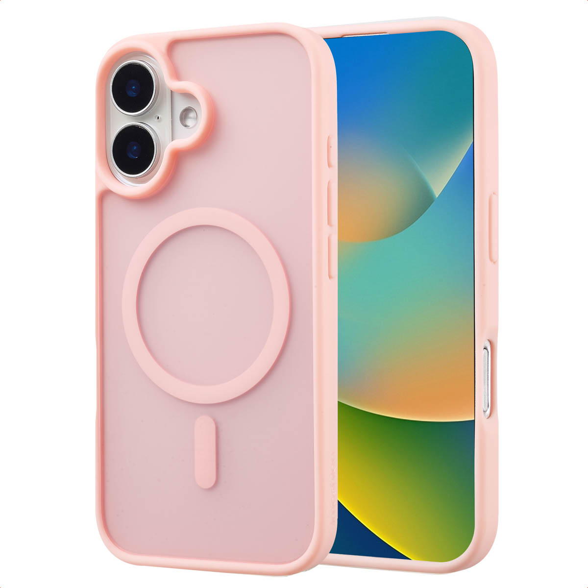 Roze telefoonhoesje met lichtroze frame en transparante achterkant, met het telefoonscherm. Het heeft een cirkel.