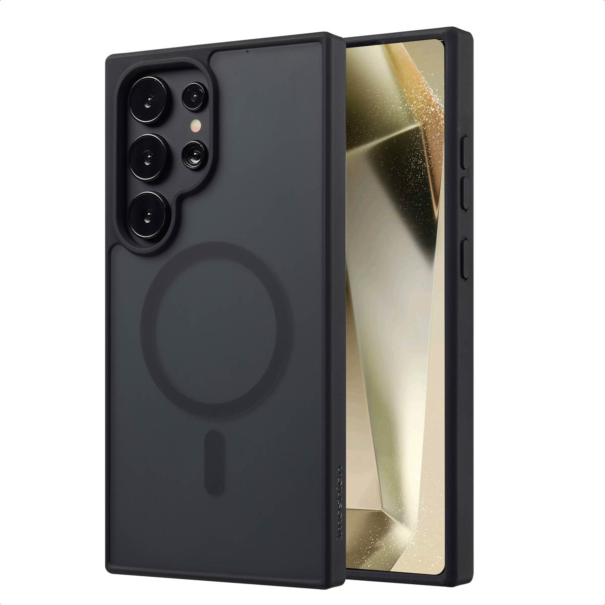 Een zwart telefoonhoesje zit op een telefoon met een gouden scherm.