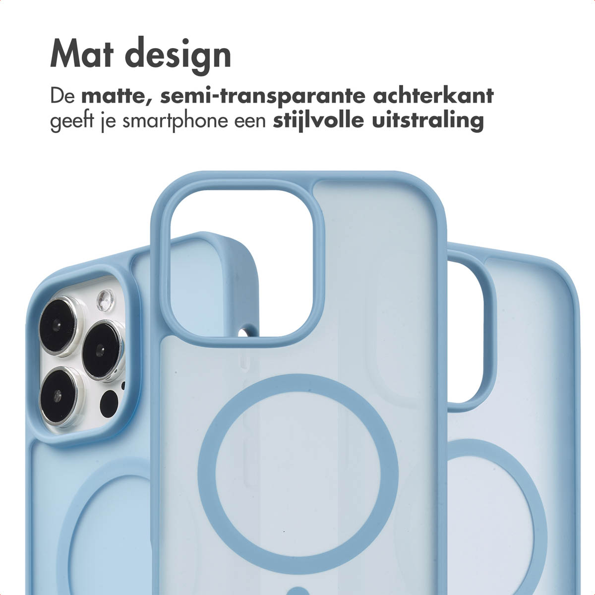 Coques de téléphone bleu clair avec dos semi-transparent. L'une montre un téléphone.