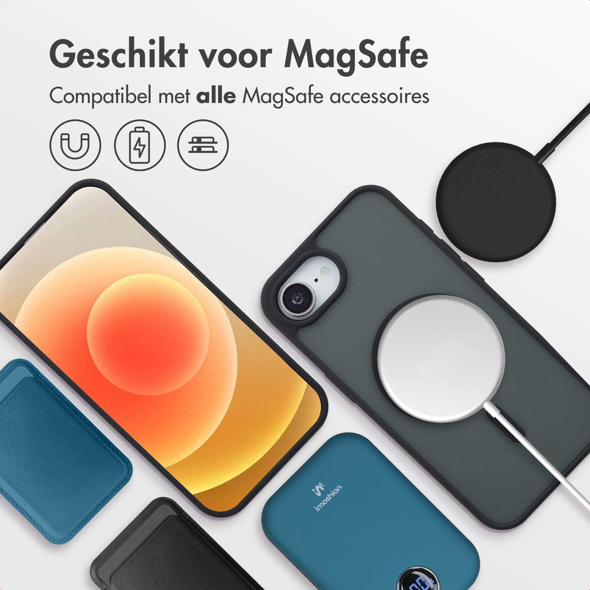 Telefoon en accessoires compatibel met MagSafe. Inclusief een oplader, portemonnee en powerbank.