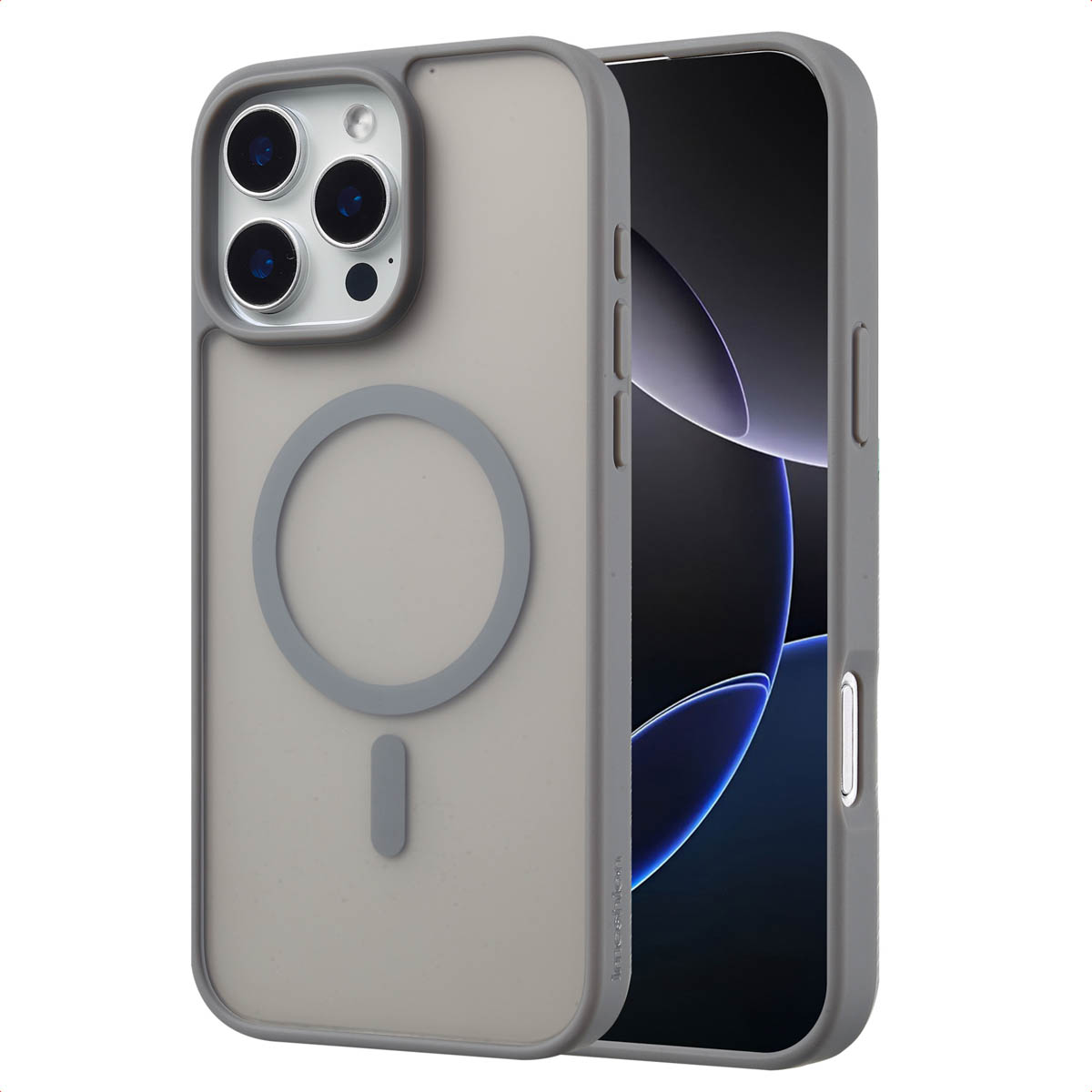 Coque grise pour iPhone avec anneau magnétique et téléphone avec écran bleu et blanc. La coque est à gauche.