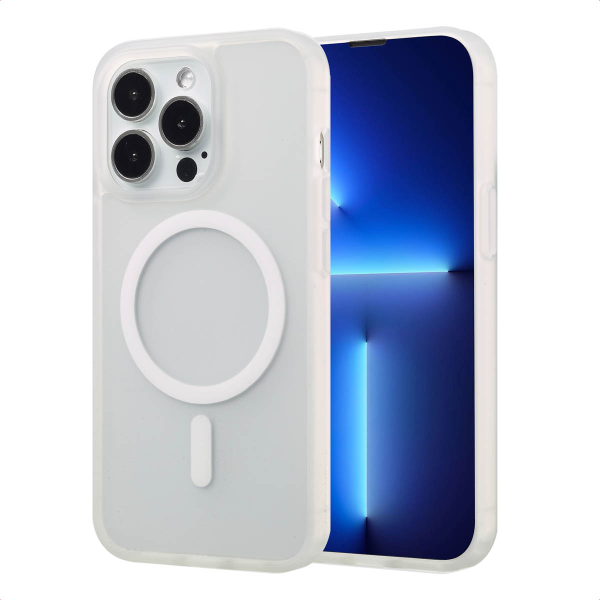 Witte telefoonhoes met telefoon erin, met camera en een witte MagSafe ring.
