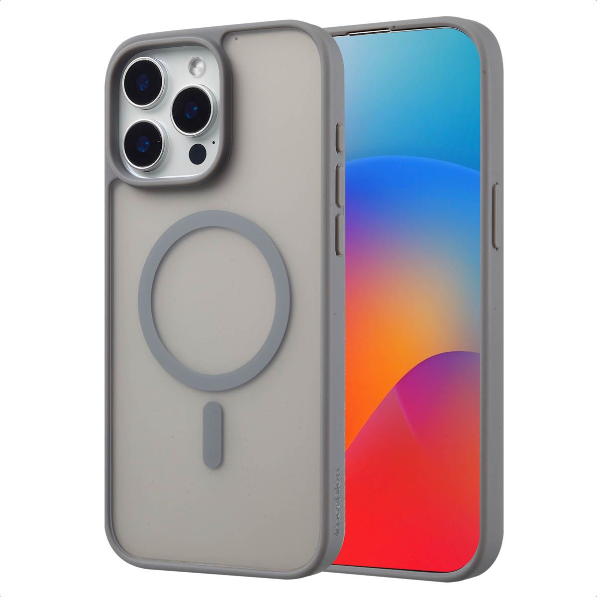 Grijze telefoonhoes met een grijze rand en een transparante achterkant, met het telefoonscherm. Het heeft een cirkel.