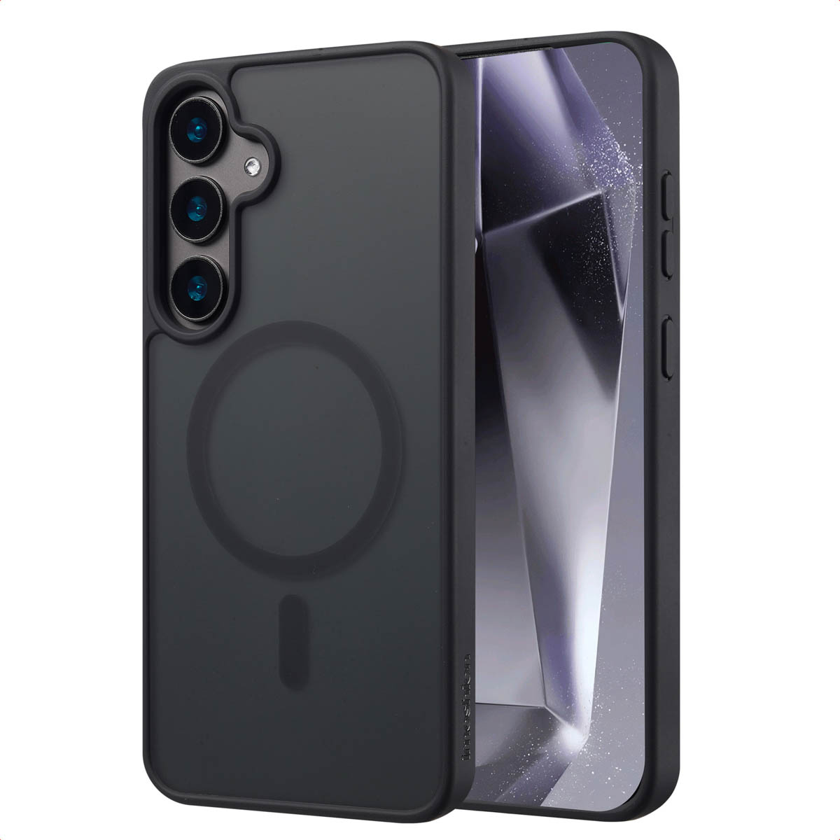 Zwarte telefoonhoes met een magnetische cirkel en een telefoon met een donker verloop.