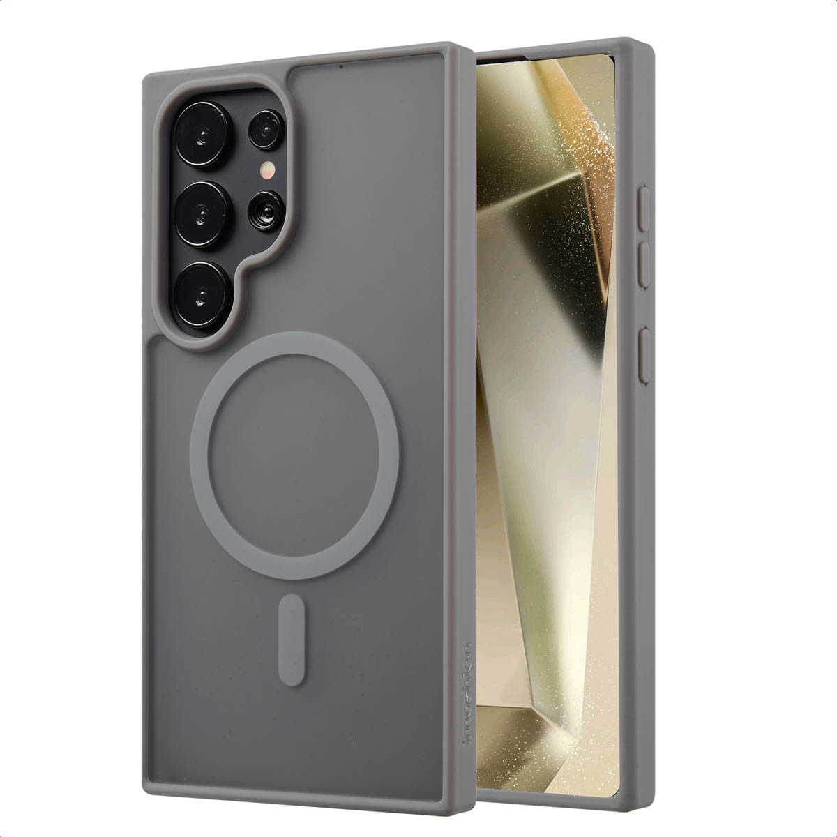 Grijze telefoonhoes met MagSafe ring op een telefoon met meerdere camera's, op witte ondergrond.