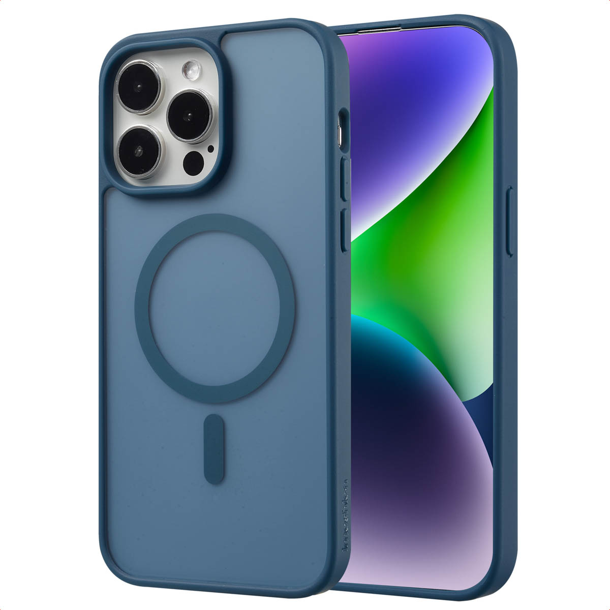 Coque de téléphone bleue avec cercle MagSafe et découpes pour l'appareil photo. Téléphone à l'intérieur avec écran bleu-violet.