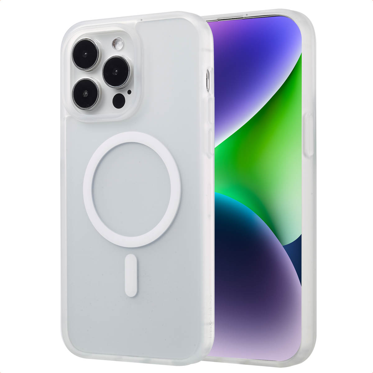 Coque blanche pour iPhone avec anneau magnétique et téléphone avec écran vert, violet et bleu. Coque à gauche.