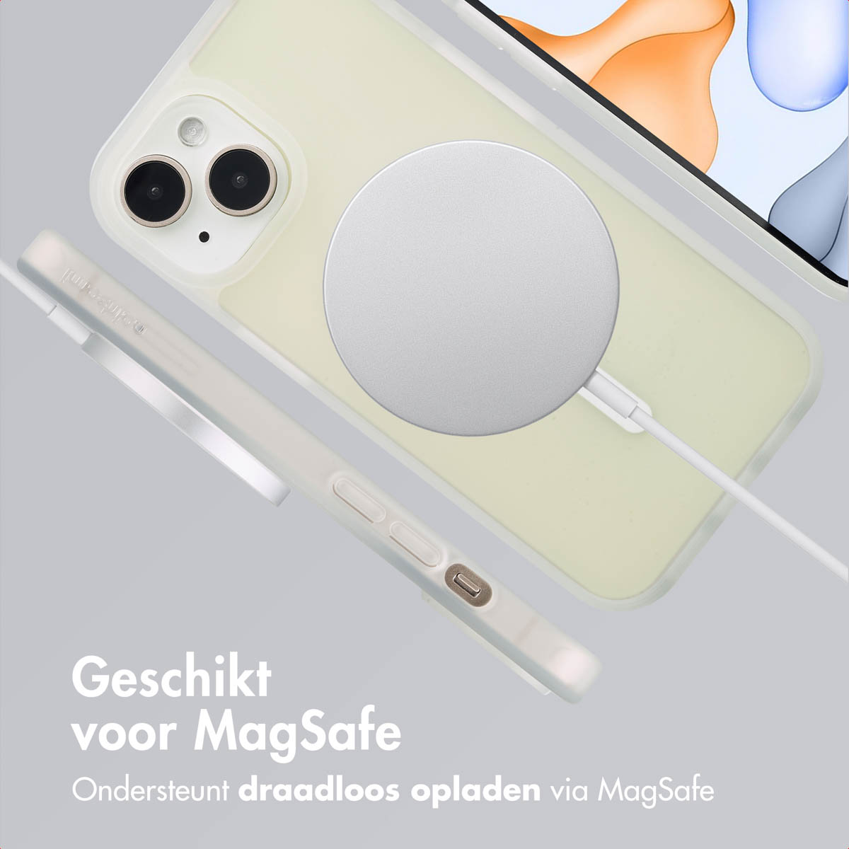 Phone case with MagSafe charger attached. A phone is in the background. Text at the bottom.