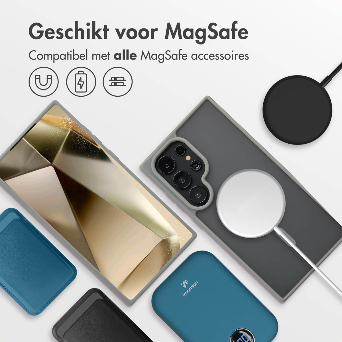 De afbeelding toont telefoons en accessoires die compatibel zijn met MagSafe-technologie.