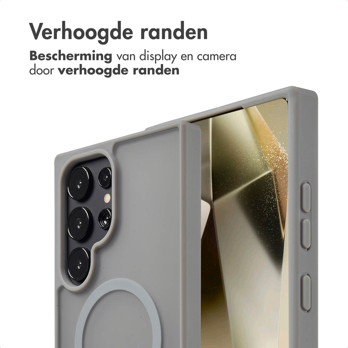 Grijze telefoonhoes op telefoon met blauw scherm.