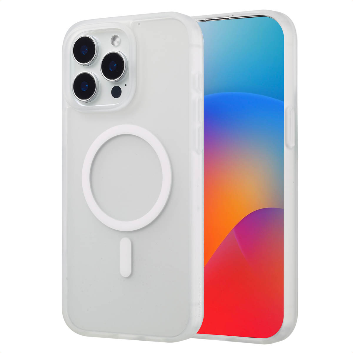 Transparante telefoonhoes met telefoon; witte cirkel op de achterkant.