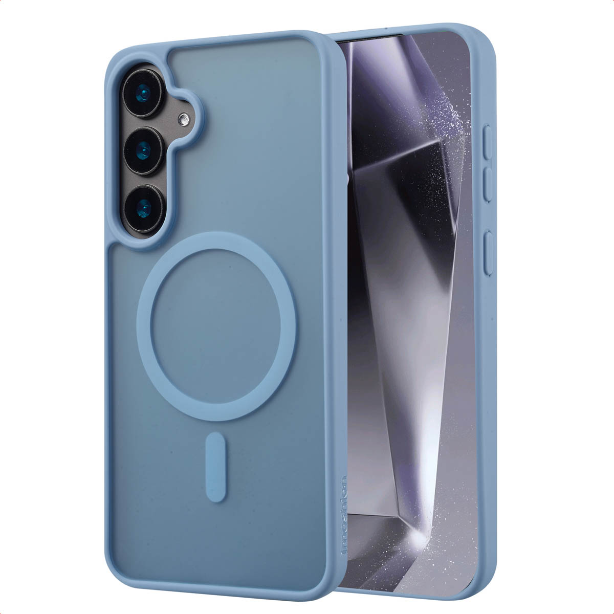Een blauwe telefoonhoes met een cirkelvormige uitsparing, met een telefoon en een lichte achtergrond.