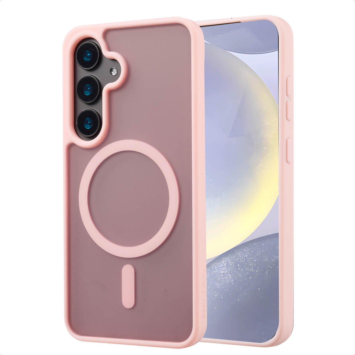Roze telefoonhoes met MagSafe, Samsung telefoon met roze scherm.