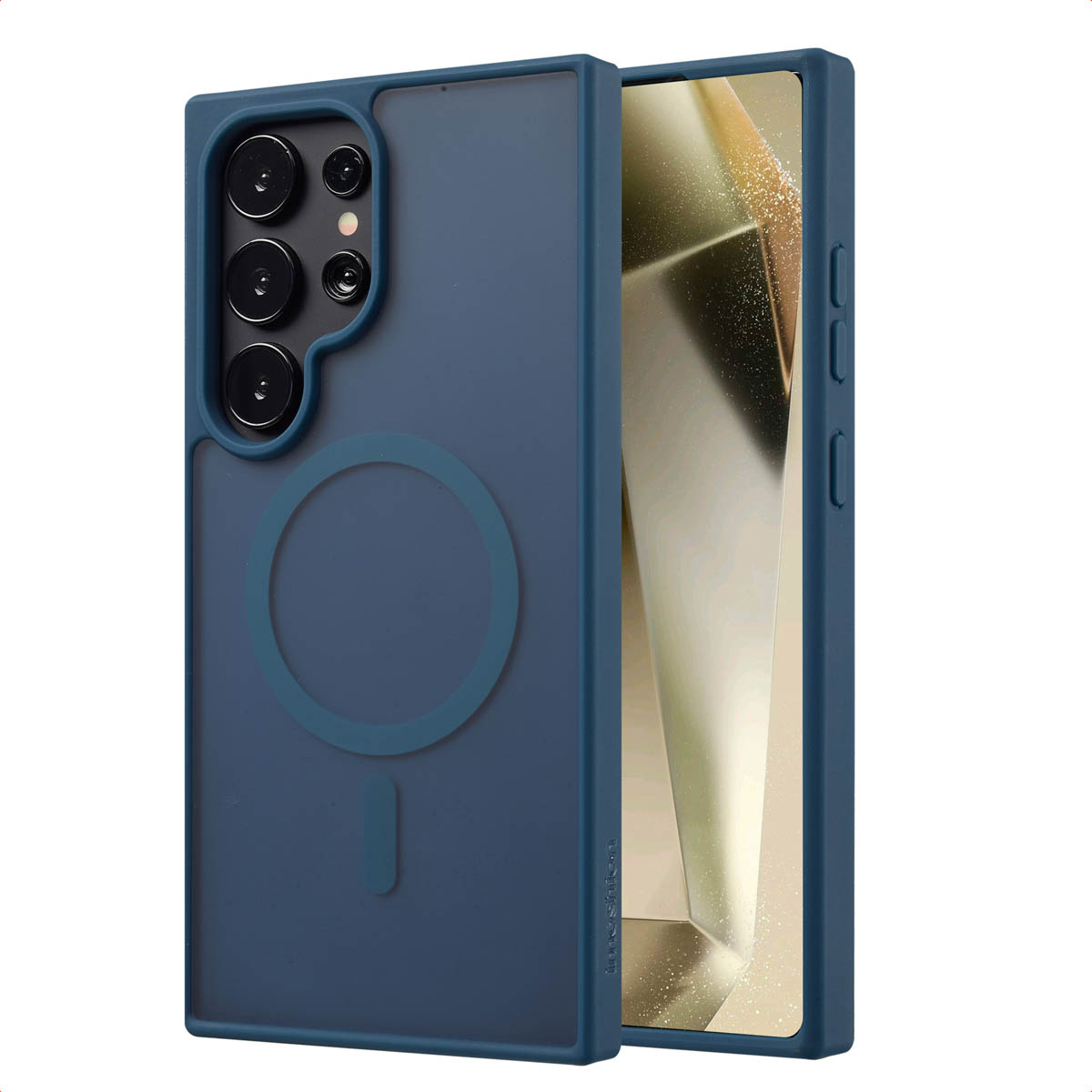 Blauwe telefoonhoes met telefoon; witte cirkel op de achterkant.