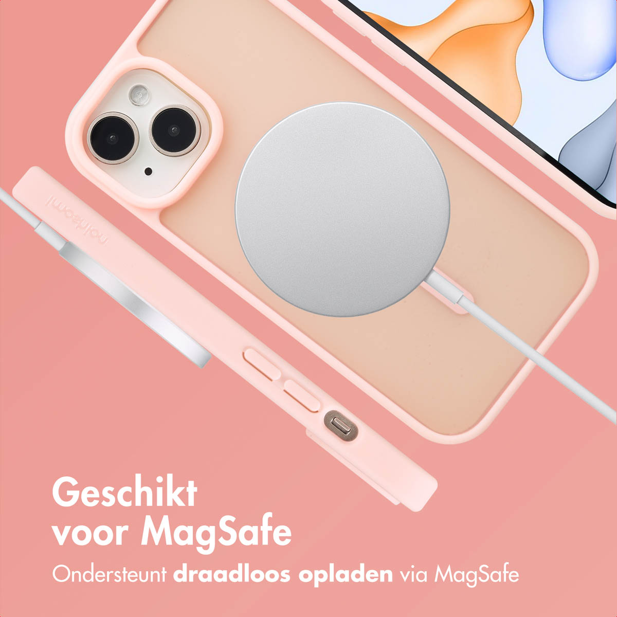Phone case with MagSafe charger attached. A phone is in the background. Text at the bottom.