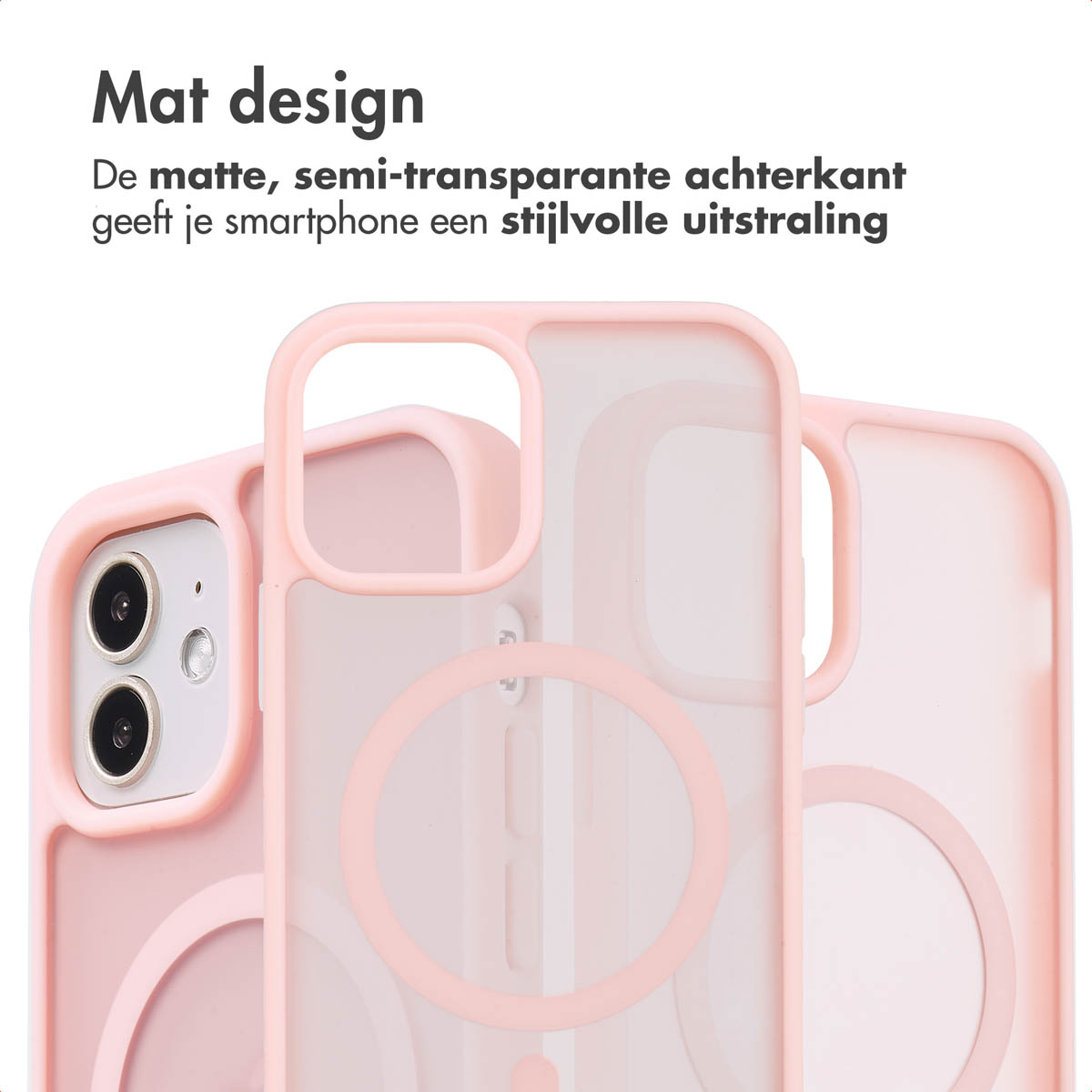 Roze telefoonhoesjes met een semi-transparante achterkant. Eén toont een telefoon.