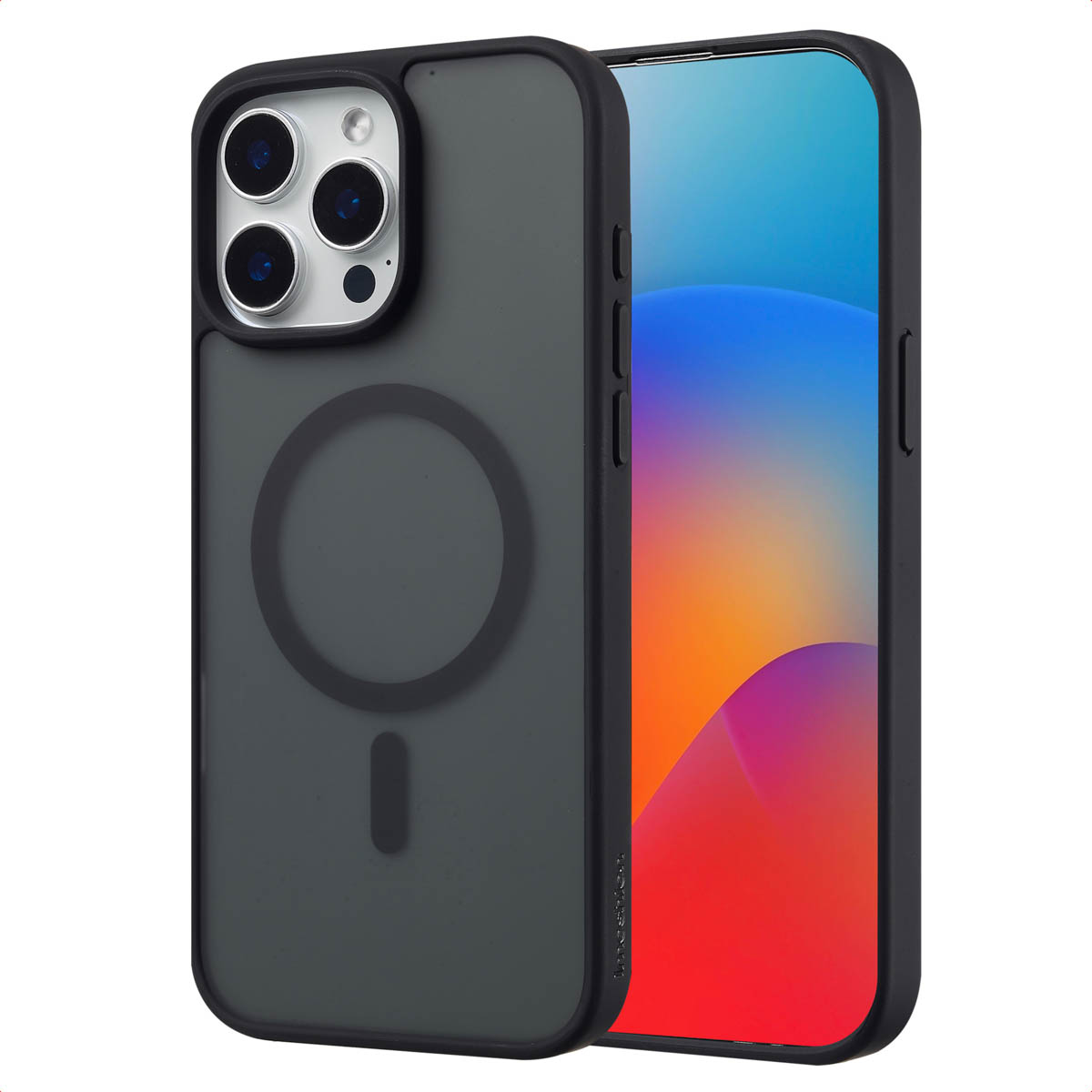 Zwarte telefoonhoes met MagSafe-ring, iPhone met oranje en geel display.