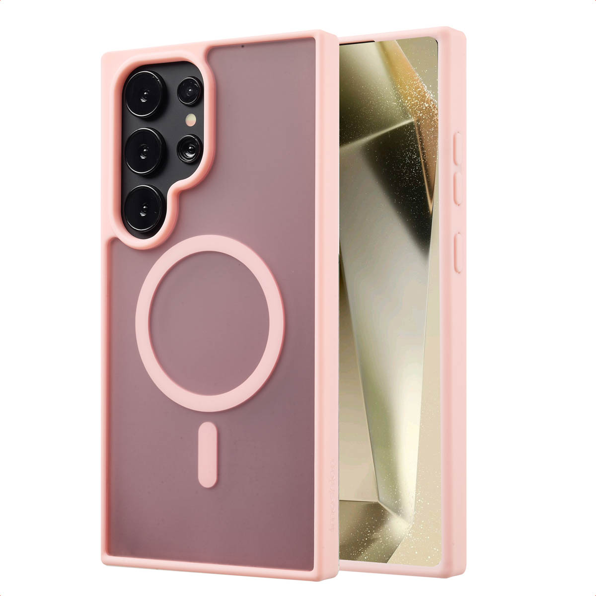 Een roze telefoonhoes met een telefoon erin. De hoes heeft een cirkelvormige uitsparing.
