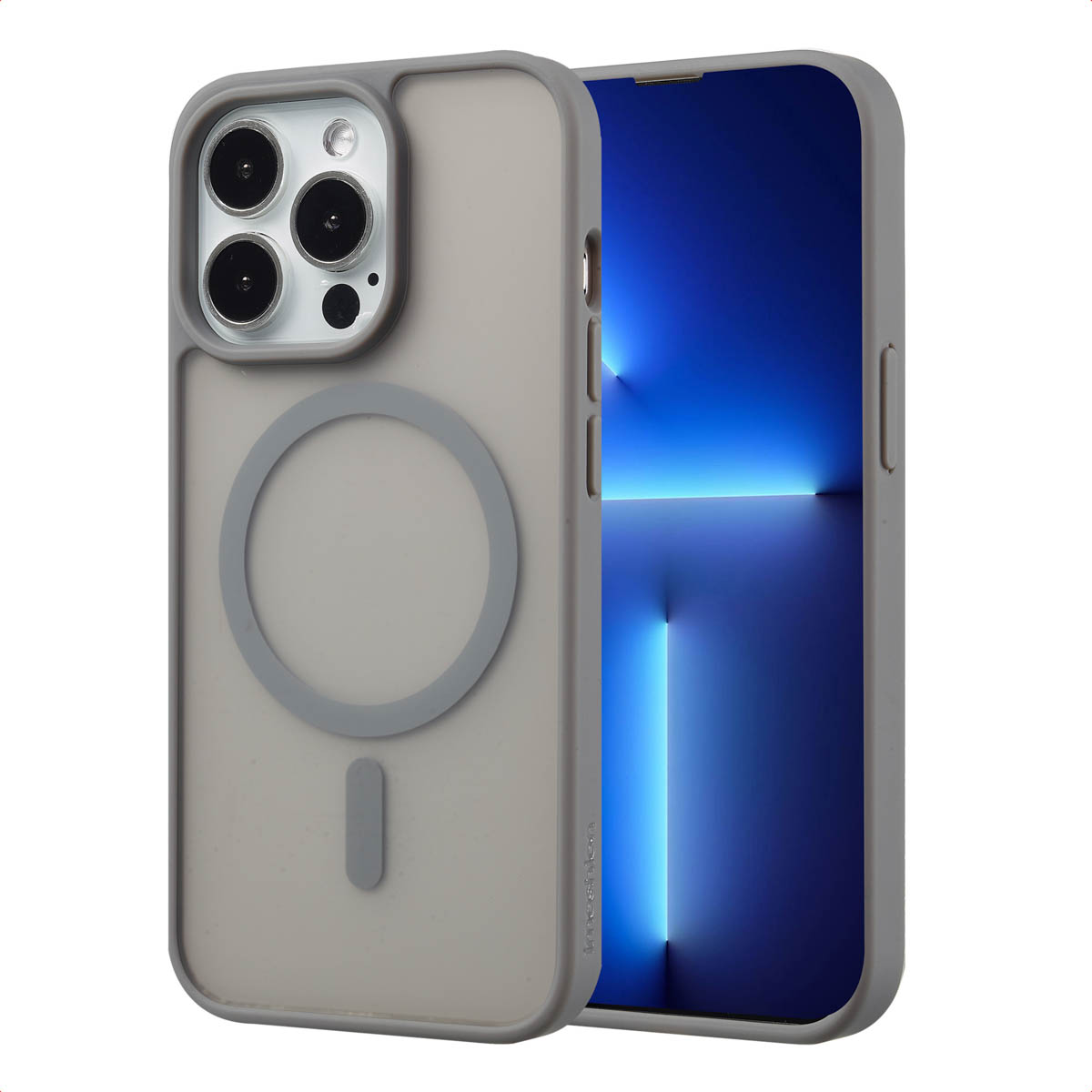 Coque de téléphone grise avec un téléphone affichant un dégradé bleu. L'étui a un design circulaire.