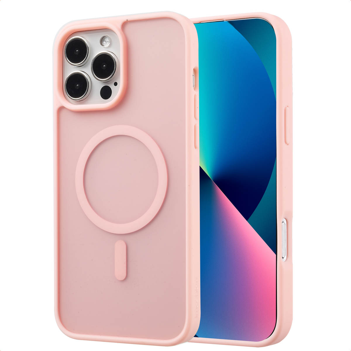Coque rose avec anneau MagSafe sur un téléphone avec trois caméras, sur surface blanche.