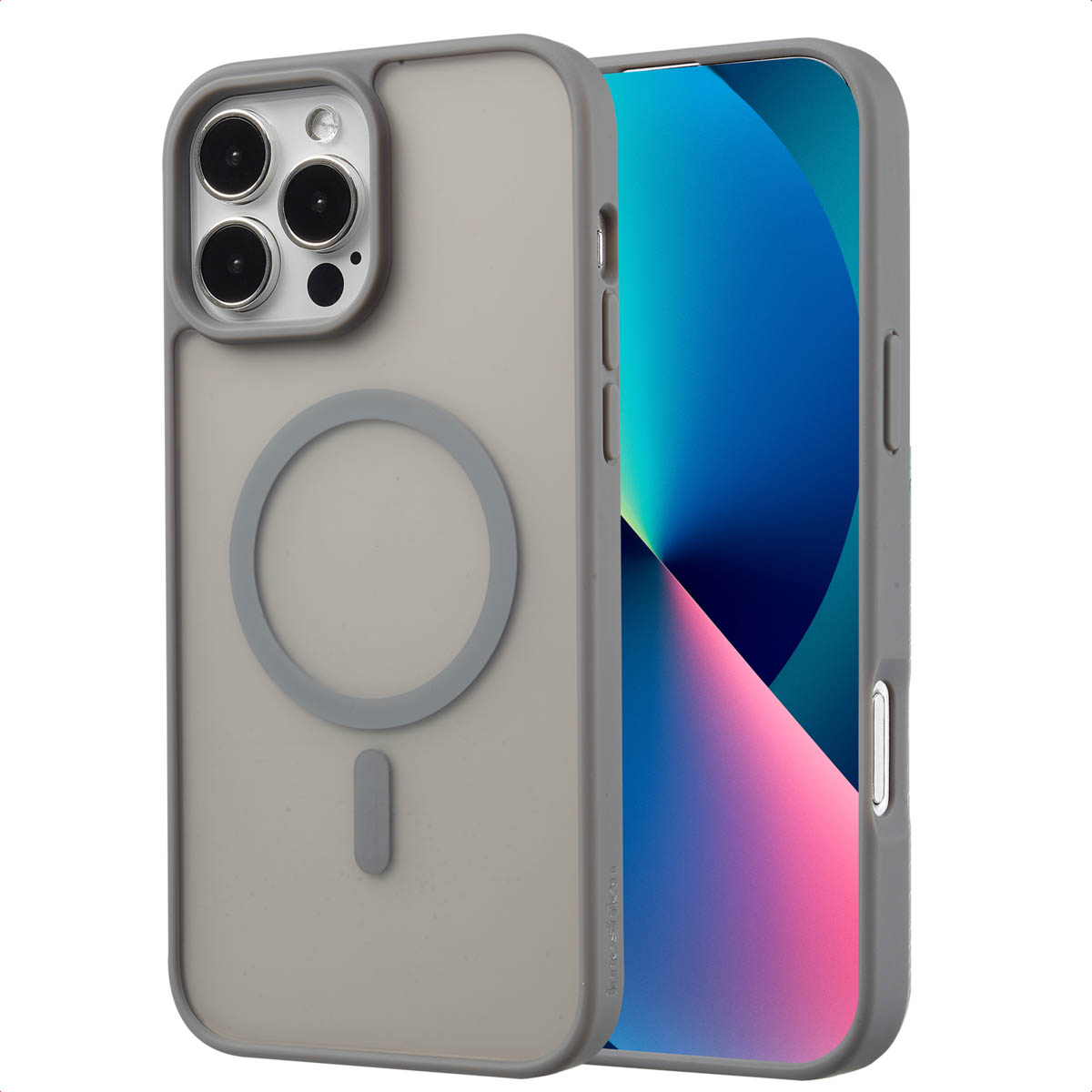 Coque de téléphone grise avec un téléphone à l'intérieur. La coque a un cercle MagSafe et une découpe pour l'appareil photo.