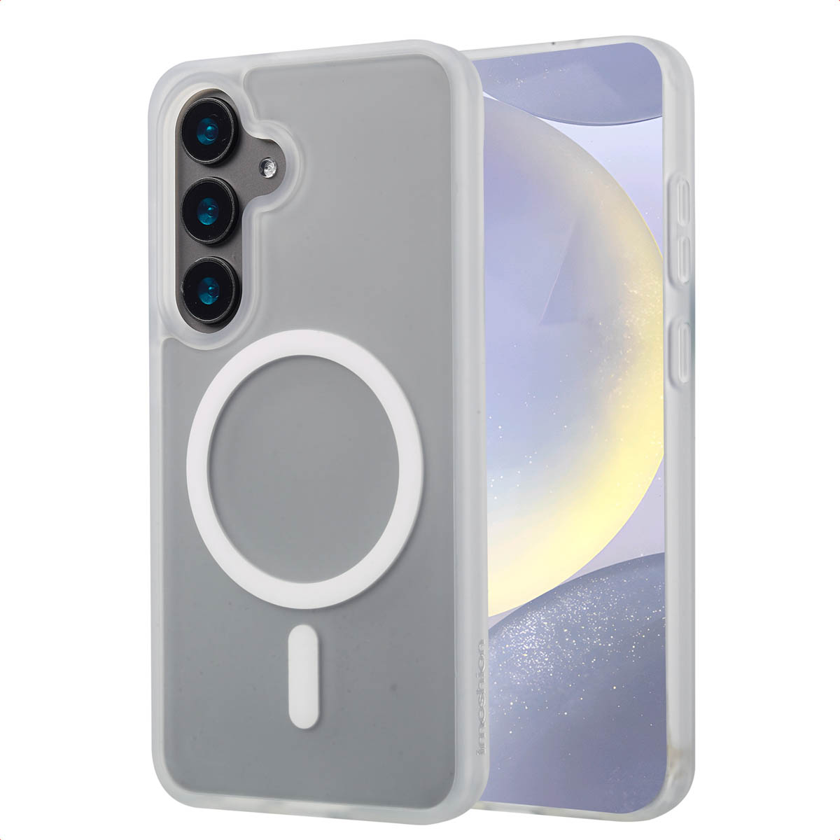 Een doorzichtig telefoonhoesje zit op een telefoon met een lichtblauw scherm.