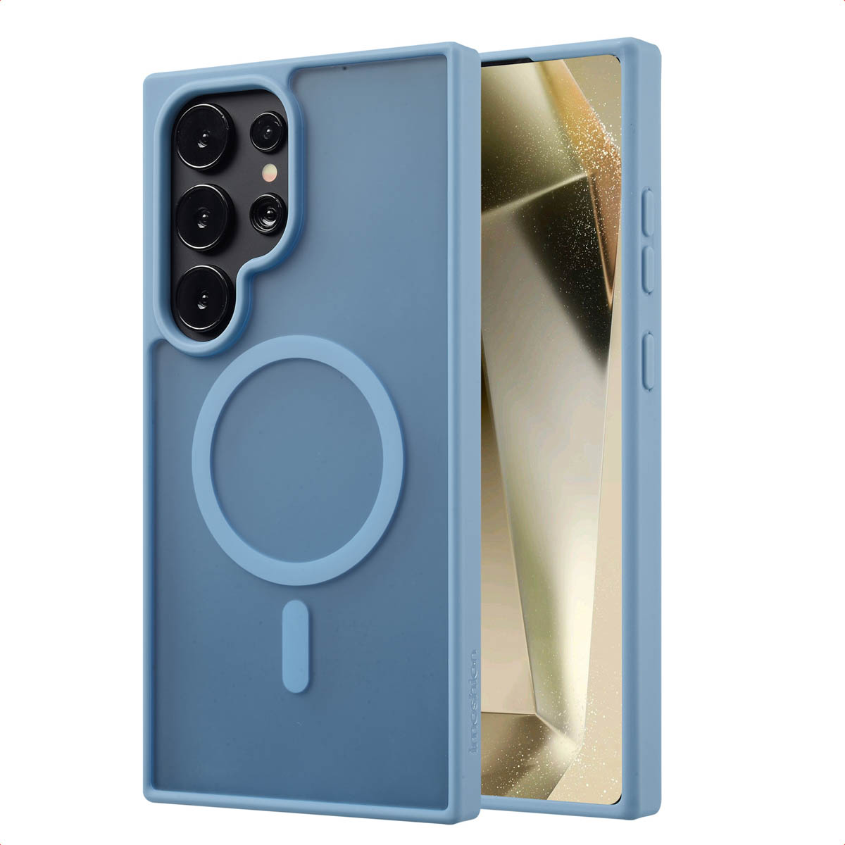 Een blauwe telefoonhoes wordt getoond, gedeeltelijk open, met het telefoonscherm zichtbaar. De case heeft een cirkelvormig ontwerp.