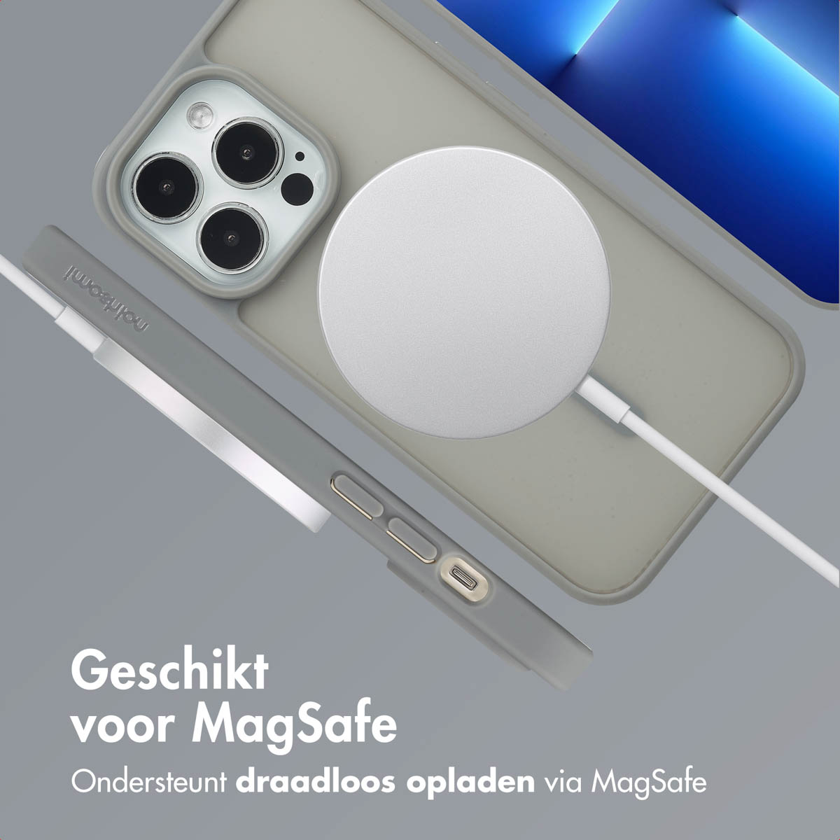 Un étui de téléphone gris et un chargeur avec un disque de charge blanc.