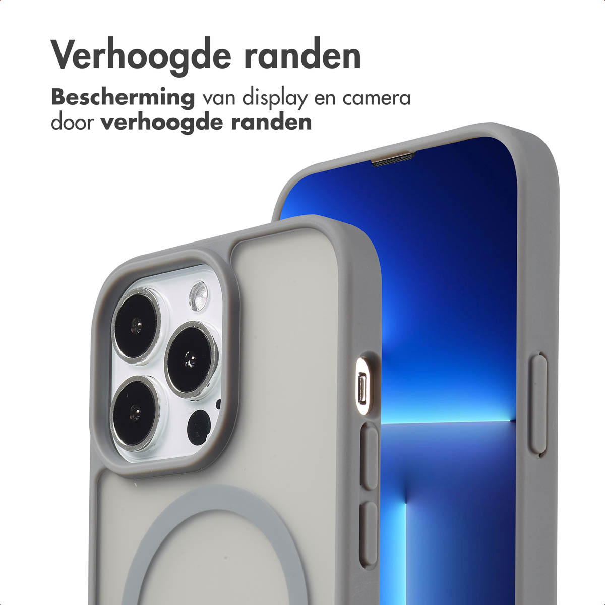 Coque de téléphone grise sur téléphone avec écran bleu.