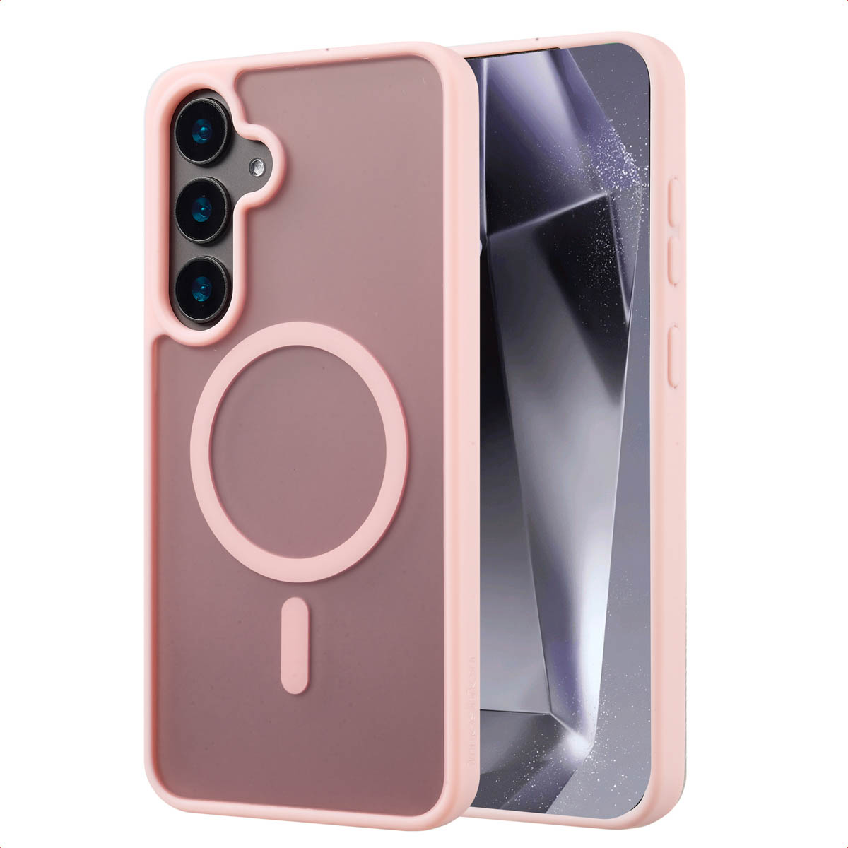 Roze telefoonhoes met MagSafe, Samsung telefoon met roze scherm.