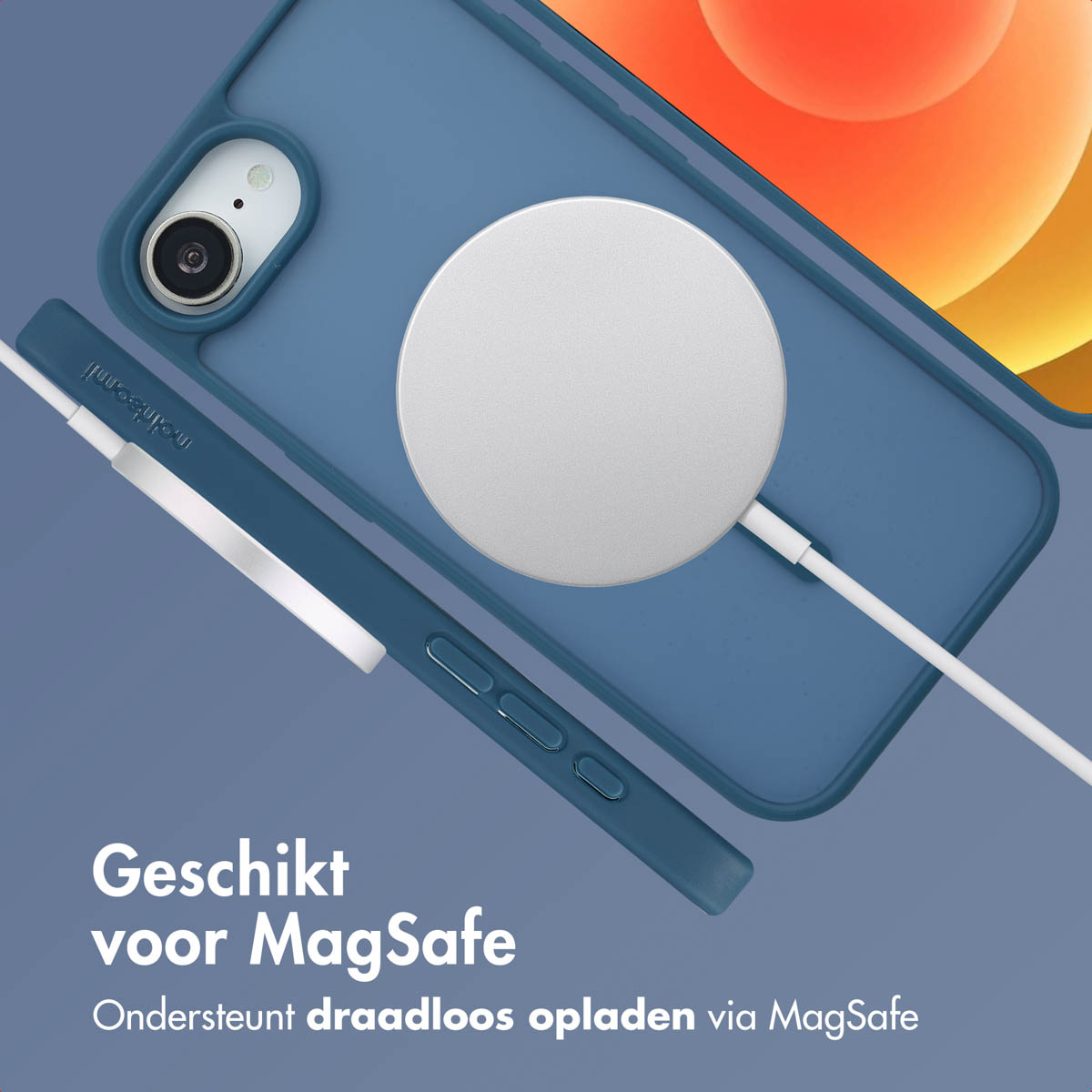 A blue phone case and charger, with a white charging disc.