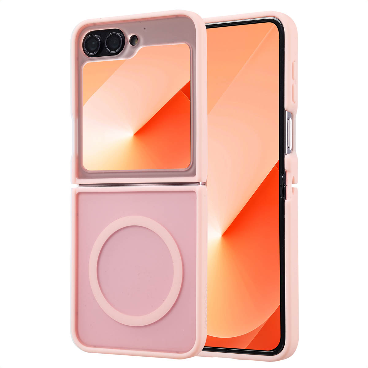 Roze telefoonhoes met MagSafe, iPhone met oranje scherm.