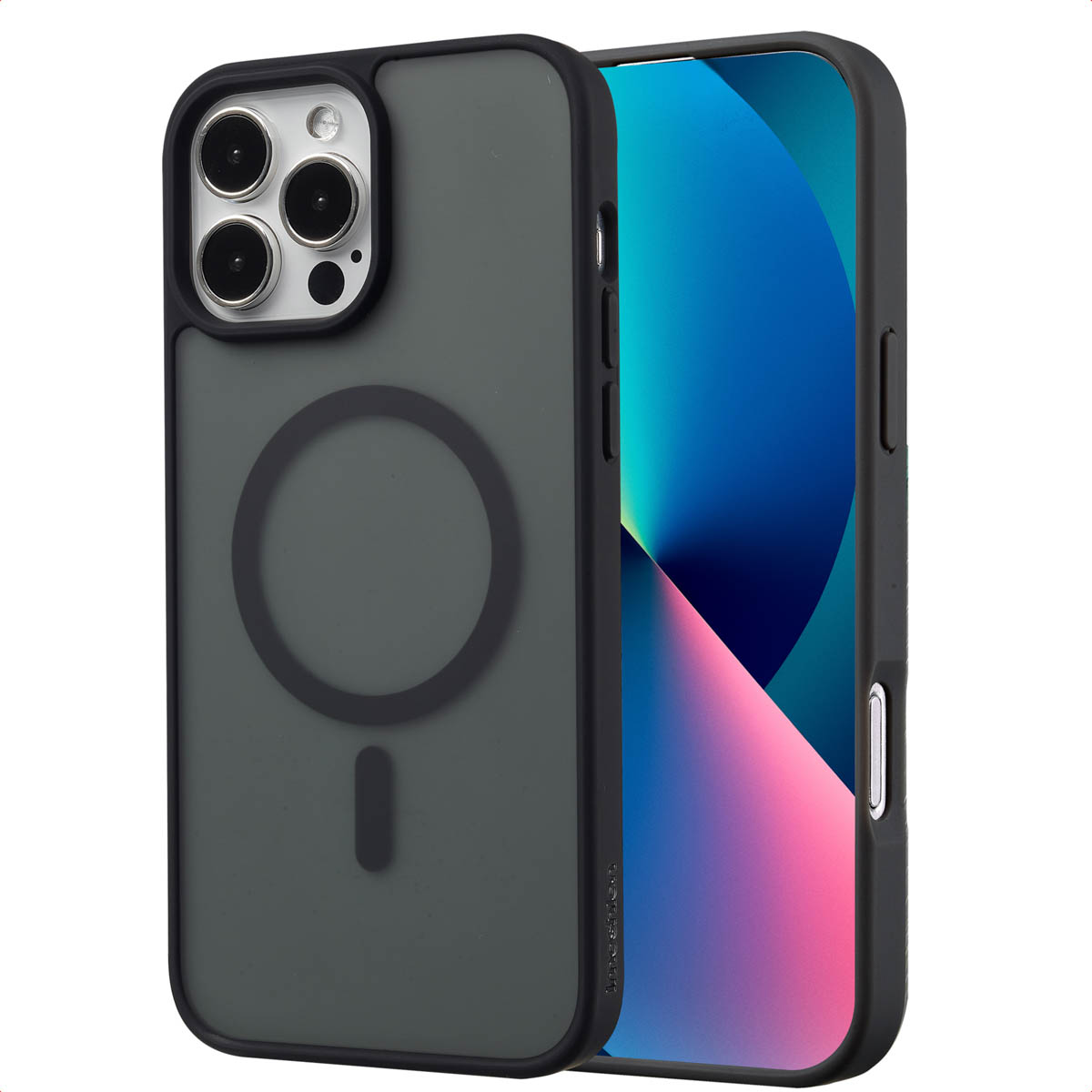 Donkergrijze telefoonhoes met een telefoon erin. De hoes heeft een MagSafe cirkel en camera-uitsparing.