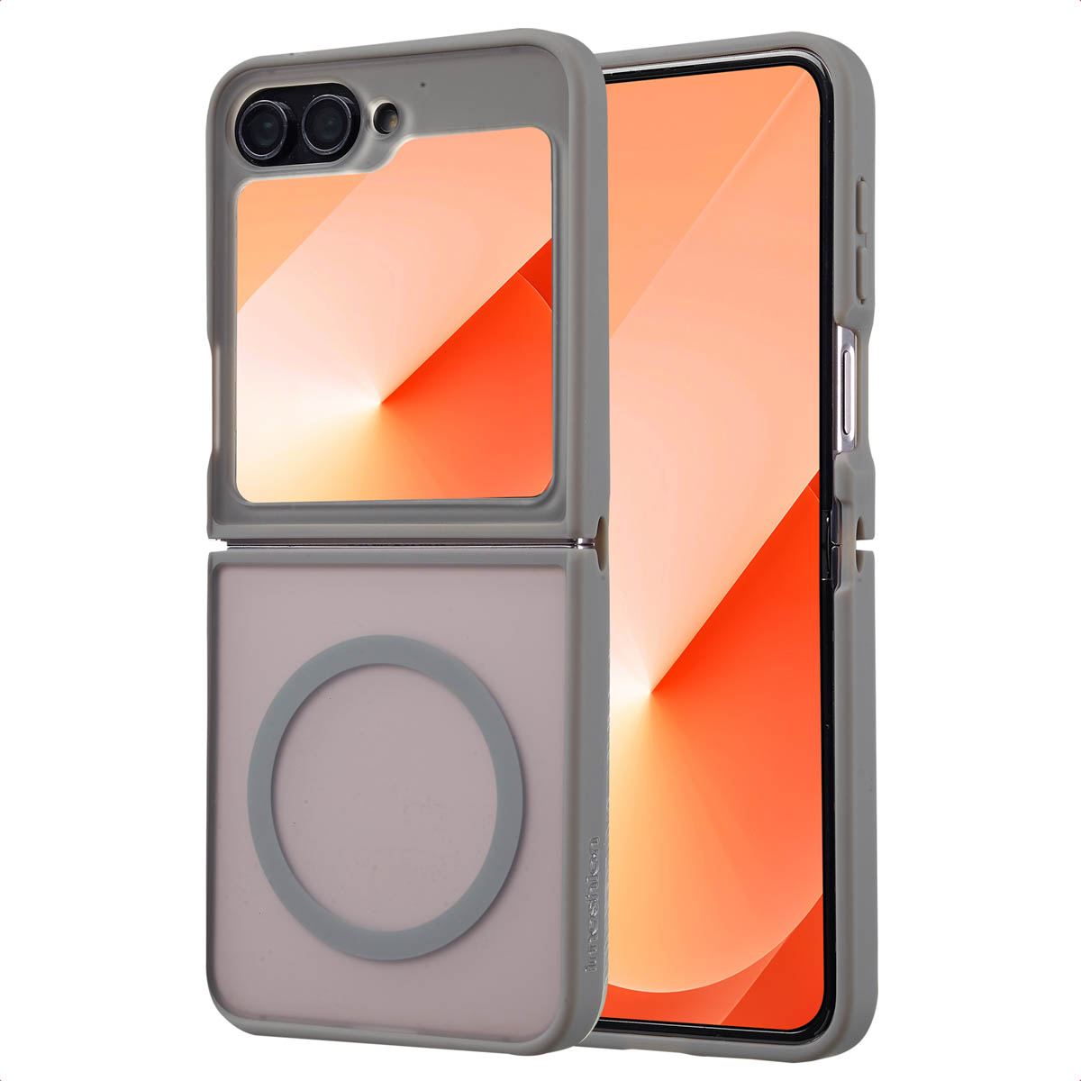 Grijze telefoonhoes met een telefoon met een omgedraaid scherm. De hoes heeft een cirkelvormig ontwerp.